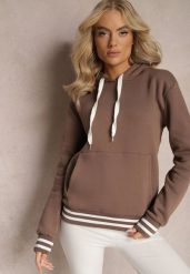 Brązowa Bluza Kangurka z Bawełny ze Ściągaczami w Paski i Kapturem Gaiana. Brązowe bluzy Renee, bez wzorów, z bawełny, z kapturem. W wyprzedaży za 87.99 zł.