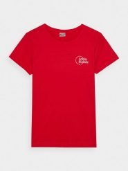 4F T-shirt slim z nadrukiem damski - czerwony M. Czerwone t-shirty 4f, m, bez wzorów, z bawełny, klasyczne, bez kołnierzyka, bez ramiączek. W wyprzedaży za 19.99 zł.