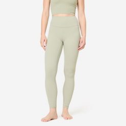 Legginsy do jogi i pilatesu Breathe. Zielone legginsy DOMYOS, bez wzorów, z elastanu, sportowe. Za 119.99 zł.