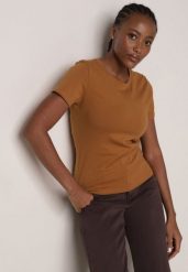 Brązowy Bawełniany T-shirt w Klasycznym Stylu Nedila. Brązowe t-shirty Born2be, m, bez wzorów, z bawełny, klasyczne, bez kołnierzyka, bez ramiączek. Za 39.99 zł.