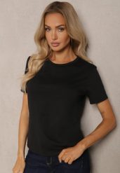 Czarny T-shirt Koszulka z Krótkim Rękawem i Okrągłym Dekoltem Tiarella. Czarne t-shirty Renee, l, z aplikacjami, z jeansu, eleganckie, bez kołnierzyka, bez ramiączek. W wyprzedaży za 19.99 zł.