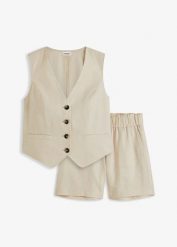 Kamizelka i szorty z mieszanki lnu. Brązowe kombinezony bonprix, bez wzorów, eleganckie, bez kołnierzyka, bez ramiączek. Za 189.99 zł.