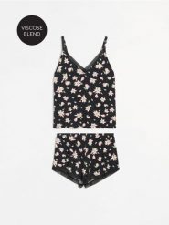 Piżama dwuczęściowa z kwiatowym wzorem - czarny. Czarne piżamy Sinsay, l, bez wzorów, bez kołnierzyka, bez ramiączek. Za 39.99 zł.