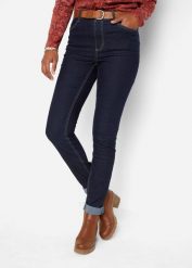 Jegginsy high-waist ze stretchem i szerokim wygodnym paskiem. Niebieskie jeansy bonprix, bez wzorów, z jeansu, z podwyższonym stanem. Za 97.99 zł.