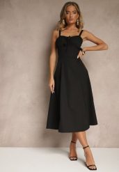 Czarna Koktajlowa Sukienka Gorsetowa Vices z Rozkloszowanym Dołem Kolinnea. Czarne sukienki Renee, na imprezę, l, z aplikacjami, eleganckie, bez kołnierzyka, bez ramiączek, midi, gorsetowe. W wyprzedaży za 119.99 zł.