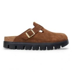 BIRKENSTOCK Boston Chunky LEVE Dark Tea/Black Klapki damskie. Brązowe klapki Birkenstock, bez wzorów, z dzianiny, klasyczne, bez obcasa, na platformie, bez zapięcia. Za 499.99 zł.
