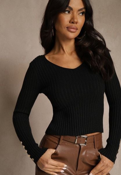 Czarny Prążkowany Sweter z Wiskozą Ozdobiony Guzikami i Metaliczną Nitką Lidanovia. Czarne swetry Renee, s, bez wzorów, z jeansu, casualowe, bez ramiączek. Za 79.99 zł.