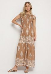 Ciemnobeżowa Wiskozowa Sukienka z Marszczoną Góra i Wzorem Boho Ellifae. Brązowe sukienki Born2be, na spotkanie biznesowe, l, z aplikacjami, z wiskozy, boho, bez kołnierzyka, bez ramiączek, maxi. Za 89.99 zł.