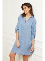 Fleur de Lin Lniana sukienka "Basta" w kolorze niebieskim rozmiar: XL. Niebieskie sukienki Fleur de Lin, xl, bez wzorów, ze lnu, bez kołnierzyka, bez ramiączek, mini. Za 167.28 zł.