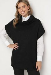 Czarny Golf Typu Nietoperz z Krótkim Rękawem Miathena. Czarne swetry Born2be, bez wzorów, z jeansu, wizytowe, bez ramiączek. W wyprzedaży za 118.99 zł.