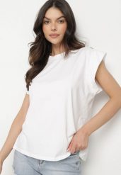 Biały Bawełniany Top z Falbanką przy Ramionach Galantia. Białe topy Born2be, s, bez wzorów, z bawełny, eleganckie, bez kołnierzyka, bez ramiączek. Za 79.99 zł.