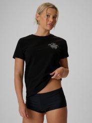 4F T-shirt regular z nadrukiem damski - czarny M. Czarne t-shirty 4f, m, bez wzorów, z bawełny, klasyczne, bez kołnierzyka, bez ramiączek. W wyprzedaży za 39.99 zł.