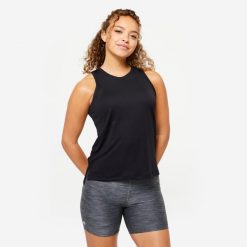 Koszulka fitness damska Domyos bez rękawów. Czarne t-shirty sportowe DOMYOS, l, bez wzorów, z elastanu, bez ramiączek, na fitness i siłownię. Za 39.99 zł.