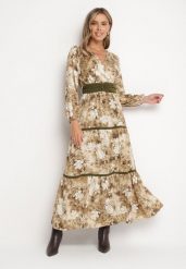 Beżowa Kopertowa Rozkloszowana Sukienka Ozdobiona Paskiem i Falbanami Fezisia. Brązowe sukienki Born2be, l, bez wzorów, eleganckie, bez kołnierzyka, bez ramiączek, maxi, kopertowe. W wyprzedaży za 110.49 zł.