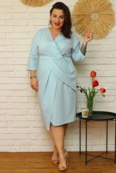 Sukienka na komunię elegancka drapowana asymetryczna WENATA błękitna. Niebieskie sukienki KARKO, na co dzień, l, bez wzorów, z elastanu, eleganckie, z asymetrycznym kołnierzem, bez ramiączek, asymetryczne. Za 389.50 zł.