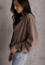 Beżowa Bluza Bomberka z Bawełny Oversize Ozdobiona Kołnierzem Vimelles. Brązowe bluzy Renee, m, bez wzorów, z bawełny, eleganckie, bez ramiączek, bez kaptura. Za 149.99 zł.