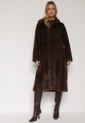 Brązowy Płaszcz Futerko o Kroju Oversize z Kieszeniami z Klapami Namys. Brązowe płaszcze Born2be, l, bez wzorów, z futra, bez kaptura. Za 289.99 zł.