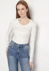 Biała Bluzka Typu Longsleeve z Geometrycznym Wzorem Unila. Białe bluzki Born2be, l, bez wzorów, z jeansu, biznesowe, bez kołnierzyka, bez ramiączek. Za 59.99 zł.