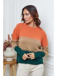 So Cachemire Sweter "Lurcia" w kolorze jasnobrązowo-zielono-pomarańczowym rozmiar: L. Brązowe swetry So Cachemire, l, bez wzorów, z kaszmiru, bez ramiączek. Za 227.31 zł.