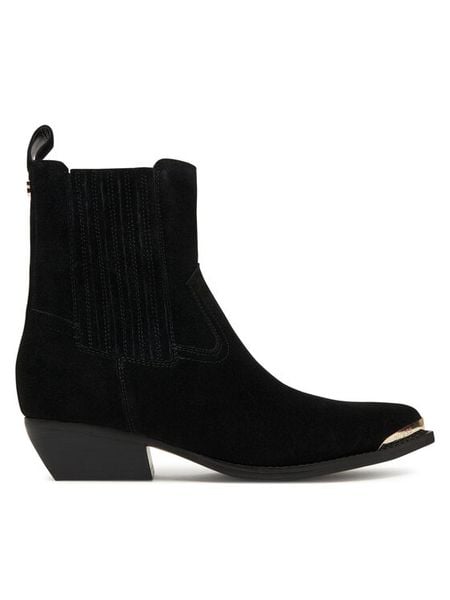 Guess Kowbojki FLTLN2 SUE10 Czarny. Czarne botki Guess, z aplikacjami, ze skóry, bez obcasa, na słupku, bez zapięcia. Za 849.99 zł.