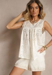 Jasnobeżowa Ażurowa Bluzka Top z Bawełny Bez Rękawów Aalnea. Brązowe topy Renee, l, w ażurowe wzory, z bawełny, eleganckie, bez kołnierzyka, bez ramiączek. W wyprzedaży za 39.99 zł.