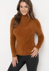 Brązowy Elastyczny Golf z Puszystej Tkaniny z Wełną Doulcet. Brązowe swetry Born2be, l, bez wzorów, z materiału, bez ramiączek. Za 49.99 zł.