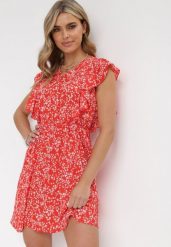 Czerwona Sukienka Astepheme. Czerwone sukienki Born2be, l, w ażurowe wzory, bez kołnierzyka, bez ramiączek, mini. Za 129.99 zł.