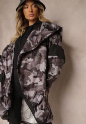 Czarno-Szara Niezapinana Kurtka Wiatrówka z Troczkami i Nieodpinanym Kapturem Irilani. Czarne kurtki Renee, s, bez wzorów, z materiału. W wyprzedaży za 59.99 zł.