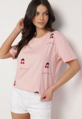 Różowy Bawełniany T-shirt Zdobiony Haftem z Motywem w Wiśnie Nevianira. Czerwone t-shirty Born2be, m, z aplikacjami, z bawełny, bez kołnierzyka, bez ramiączek. Za 49.99 zł.