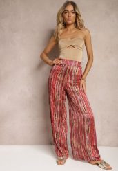 Czerwone Spodnie w Stylu Palazzo Zdobione Brokatem z Gumką w Talii Hinlea. Czerwone jeansy Renee, na lato, l, z aplikacjami, z jeansu. W wyprzedaży za 56.99 zł.