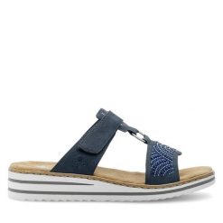 Klapki Rieker. Niebieskie klapki Rieker, bez wzorów, bez obcasa, bez zapięcia. Za 299.99 zł.