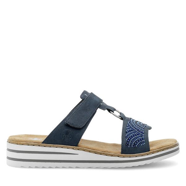 Klapki Rieker. Niebieskie klapki Rieker, bez wzorów, bez obcasa, bez zapięcia. Za 299.99 zł.
