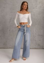 Niebieskie Szerokie Jeansy z Bawełną High Waist z Paskiem Typu Sznurek Caninna. Niebieskie jeansy Renee, na wiosnę, l, bez wzorów, z bawełny, z podwyższonym stanem. Za 109.99 zł.