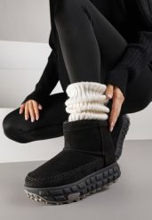 Czarne Śniegowce na Platformie Ozdobionej Tłoczeniem Apinelle. Czarne śniegowce Renee, z aplikacjami, z jeansu, bez zapięcia. Za 99.99 zł.