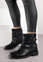 Czarne Botki w Motocyklowym Stylu z Klamrami Tuloriel. Czarne botki Born2be, bez wzorów, z jeansu, rockowe, bez obcasa, na płaskiej podeszwie, bez zapięcia. Za 159.99 zł.