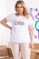 Bluzka dzianinowa t-shirt NUNA yourself biała. Białe t-shirty sportowe KARKO, plus size, z aplikacjami, z bawełny, bez ramiączek, do biegania. Za 159.50 zł.