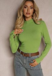 Zielony Sweter z Półgolfem i Ozdobnymi Guzikami Delahra. Zielone swetry Renee, m, bez wzorów, z jeansu, eleganckie, bez ramiączek. W wyprzedaży za 55.99 zł.
