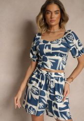 Granatowy Wiskozowy Komplet w Roślinny Wzór Szorty i Bluzka Felindera. Niebieskie bluzki Renee, l, bez wzorów, z wiskozy, eleganckie, bez kołnierzyka, bez ramiączek. W wyprzedaży za 55.99 zł.