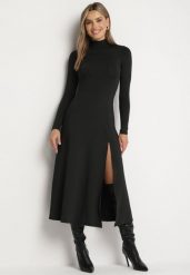 Czarna Sukienka z Półgolfem Taliowana z Rozcięciem na Boku Sailea. Czarne sukienki Born2be, na co dzień, l, bez wzorów, eleganckie, bez kołnierzyka, bez ramiączek, midi. W wyprzedaży za 127.49 zł.
