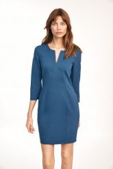 Dopasowana Mini Sukienka z Rozcięciem przy Dekolcie - Lazurowa. Niebieskie sukienki Nife, na imprezę, l, bez wzorów, z materiału, wizytowe, bez kołnierzyka, bez ramiączek, mini, dopasowane. Za 199.90 zł.