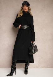Czarna Sweterkowa Sukienka z Wiskozą z Golfem i Eleganckimi Rozcięciami Elettrina. Czarne sukienki Renee, na co dzień, s, bez wzorów, z wiskozy, eleganckie, bez kołnierzyka, bez ramiączek, midi. W wyprzedaży za 95.99 zł.