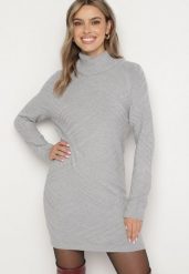 Szara Dzianinowa Sukienka o Pudełkowym Kroju z Golfem Sinelina. Szare sukienki Born2be, na co dzień, l, bez wzorów, z dzianiny, eleganckie, bez kołnierzyka, bez ramiączek, mini, dopasowane. W wyprzedaży za 67.49 zł.