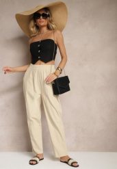 Beżowe Spodnie z Bawełny High Waist Sonirea. Brązowe jeansy Renee, bez wzorów, z bawełny, z podwyższonym stanem. W wyprzedaży za 32.99 zł.