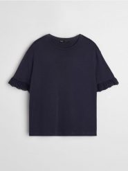 Bawełniana bluzka z ażurowymi detalami - granatowy. Niebieskie bluzki Sinsay, l, w ażurowe wzory, z bawełny, bez kołnierzyka, bez ramiączek. Za 25.99 zł.