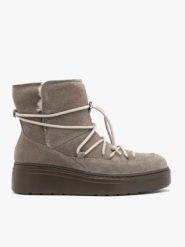 Szare sznurowane śniegowce na platformie. Szare botki Ryłko, bez wzorów, ze skóry, z okrągłym noskiem, bez obcasa, na platformie, bez zapięcia. W wyprzedaży za 429.99 zł.