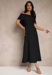 Czarna Rozkloszowana Sukienka na Ramiączkach z Wywiniętym Dekoltem Jenavitia. Czarne sukienki Renee, na imprezę, m, bez wzorów, eleganckie, bez kołnierzyka, bez ramiączek, midi, rozkloszowane. W wyprzedaży za 111.99 zł.