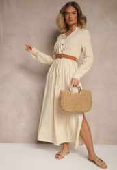 Beżowa Wiskozowa Sukienka o Rozkloszowanym Kroju z Paskiem i Rozcięciem Reirissa. Brązowe sukienki Renee, na co dzień, l, bez wzorów, z wiskozy, eleganckie, bez kołnierzyka, bez ramiączek, maxi, rozkloszowane. W wyprzedaży za 111.99 zł.