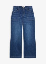 Jeansy z szerokimi nogawkami, mid waist, i naszywanymi kieszeniami. Czarne jeansy bonprix, bez wzorów, z jeansu. Za 154.99 zł.
