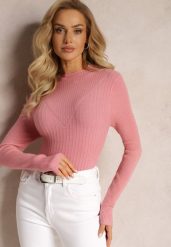 Różowy Dopasowany Sweter z Prążkami i Ozdobnym Tłoczeniem Linametta. Czerwone swetry Renee, bez wzorów, z jeansu, casualowe, bez ramiączek. W wyprzedaży za 43.99 zł.