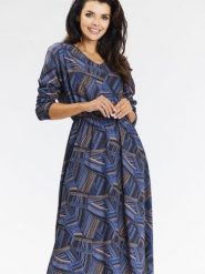 Sukienka Model A666 Navy/Brown Pattern - awama. Brązowe sukienki Awama, do pracy, l, bez wzorów, z elastanu, biznesowe, bez kołnierzyka, bez ramiączek, midi. Za 343.20 zł.